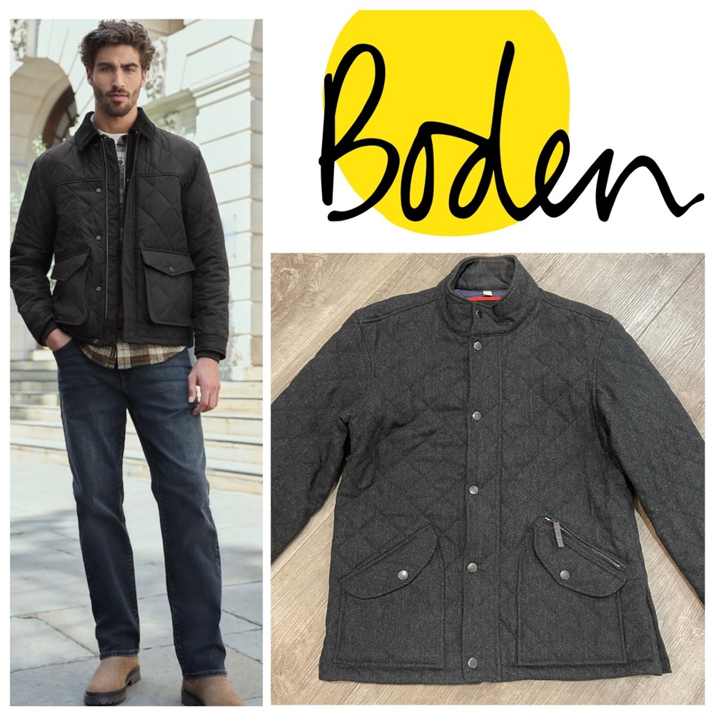 Boden Charcoal Quilted Wool Jacket in Herringbone Grey